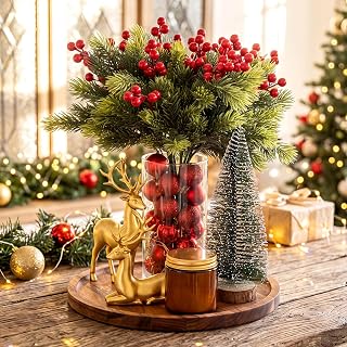 Remerry 34 Pcs Christmas Table Decorations Indoor Xmas Tiered Tray Decor | Christmas Coffee Table Decor for Mantel Tray, Gold Reindeer, Pine Branches, Holly Berry Picks, Red Ornaments, Candle Holder