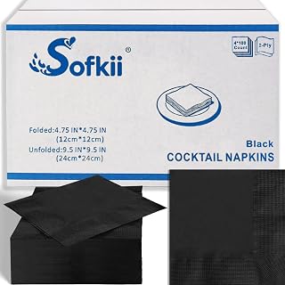 Sofkii 400 Count Black Cocktail Napkins, 4.75x4.75 Inch 2-Ply FSC-Certified Napkins, Bulk Beverage Napkins for Dinner Wedding Bar Party and Daily Use