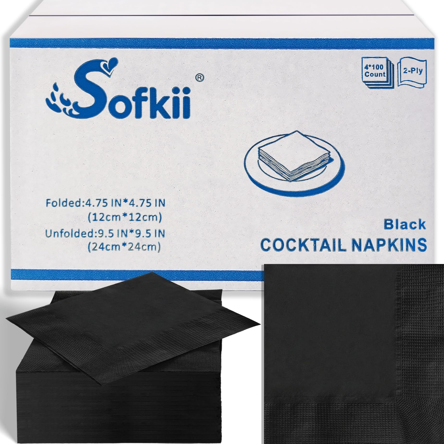 Sofkii 400 Count Black Cocktail Napkins, 4.75x4.75 Inch 2-Ply FSC-Certified Napk
