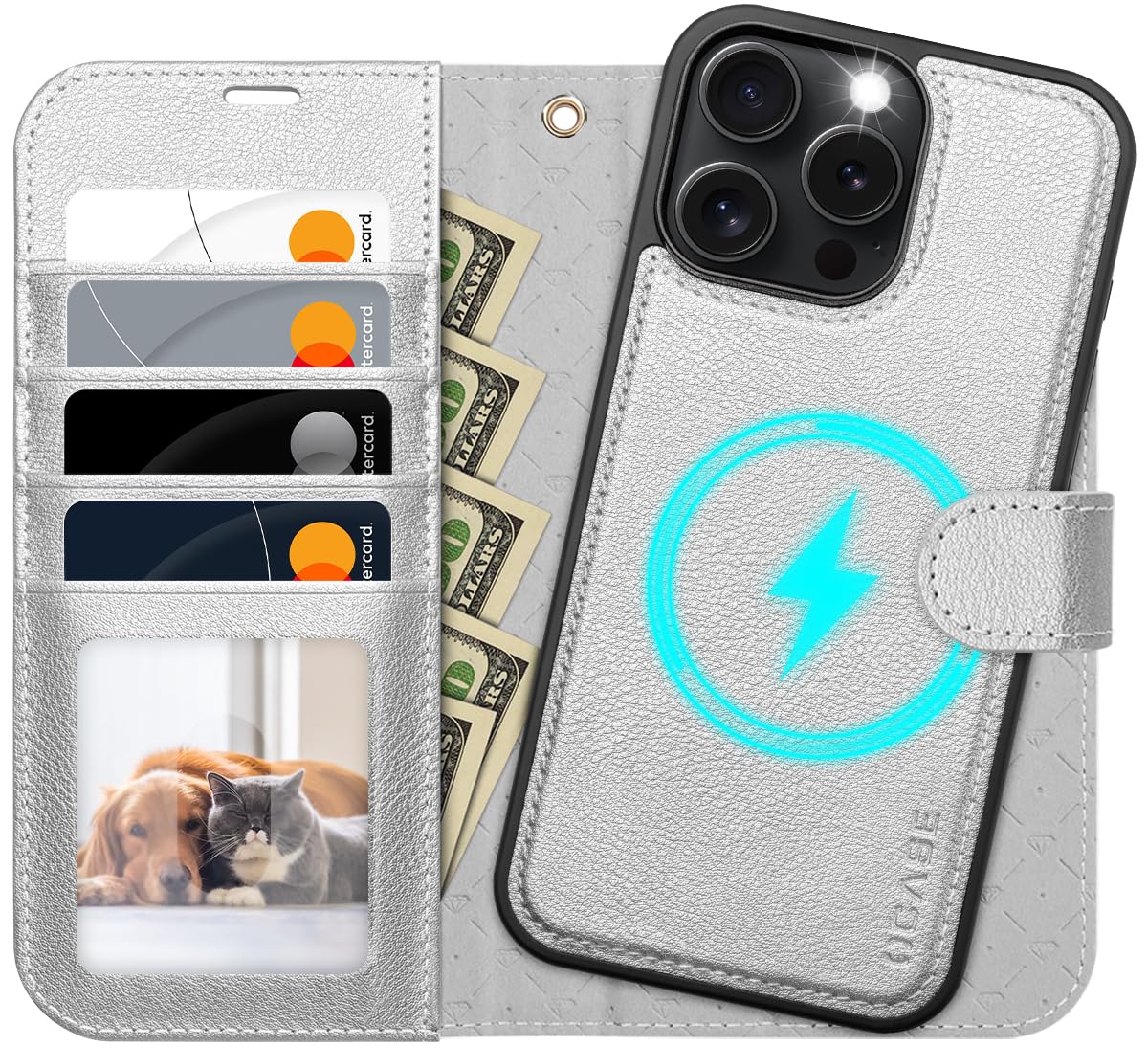 OCASE for iPhone 16 Pro Max Case, Detachable 2 in 1 Wallet, Silver