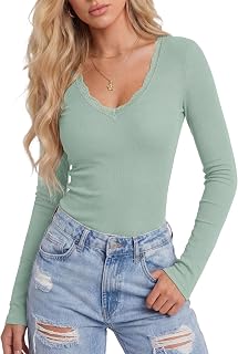 LYANER Women Long Sleeve Shirts Lace V Neck Basic Casual Ribbed Knitted Cute Fashion Clothes