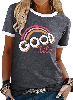 WIEIYM Good Vibes Women's T-Shirt Crew Neck Short Sleeve Summer Rainbow Top