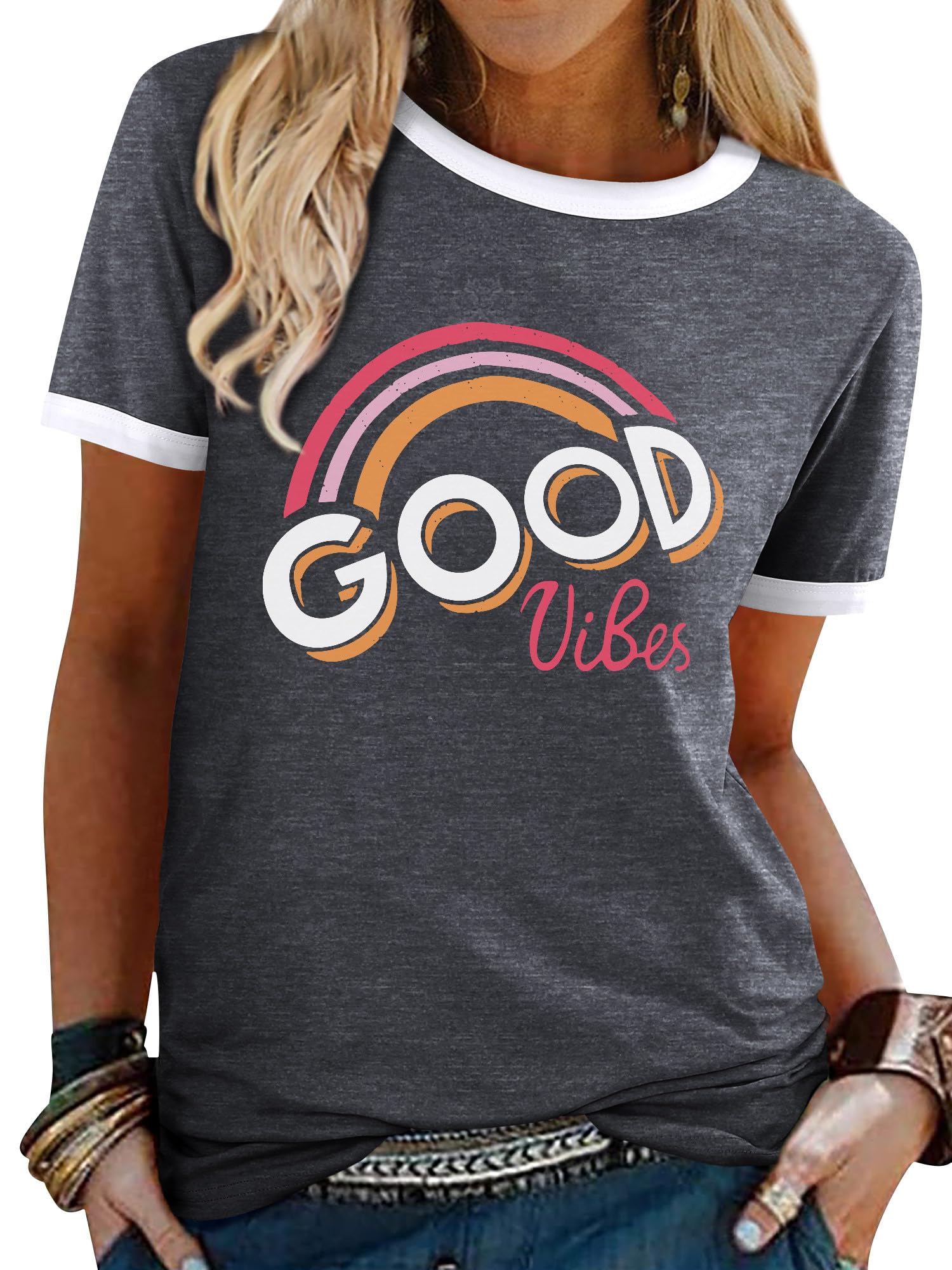WIEIYM Good Vibes Women's T-Shirt Crew Neck Short Sleeve Summer Rainbow Top