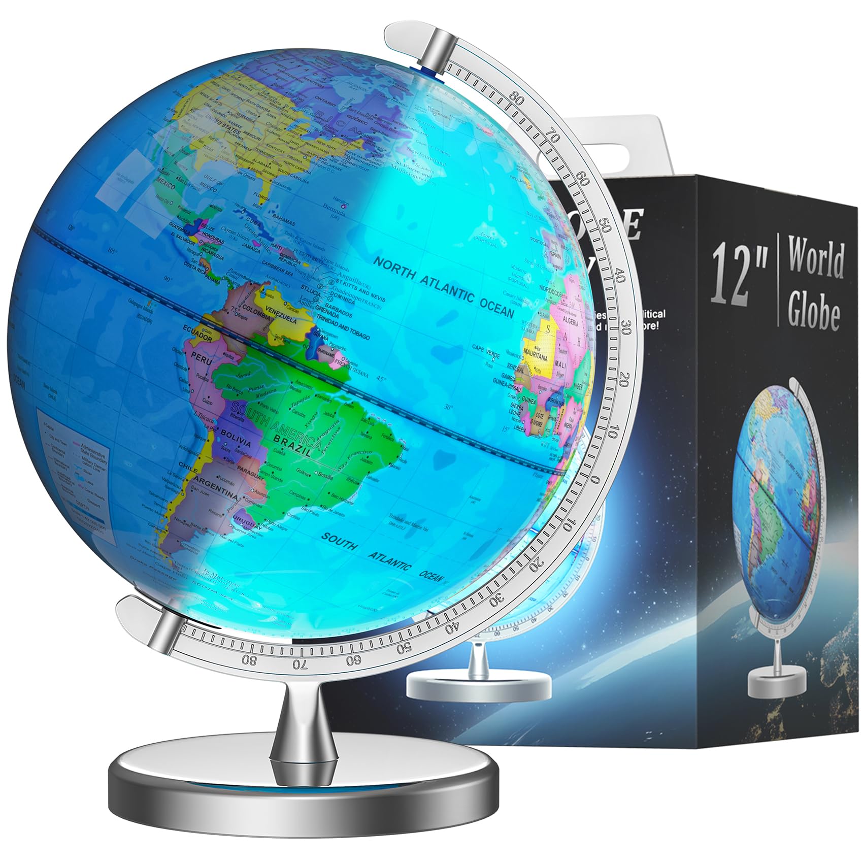 Voxelure 12" Illuminated World Globe for Kids & Adults with Metal Base | Globe L