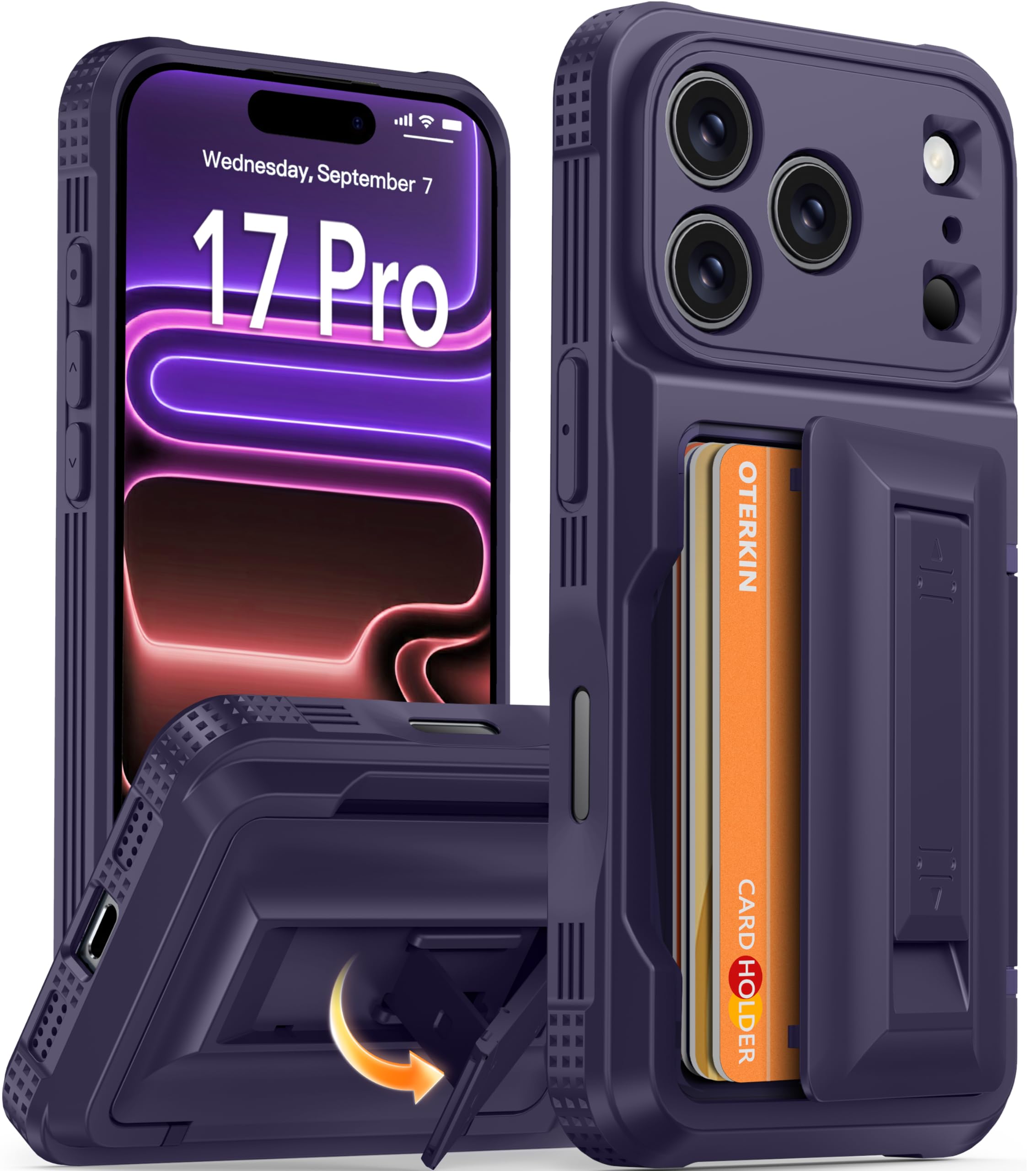 Oterkin for iPhone 17 Pro Case with Card Holder & Stand, Purple 6.3"