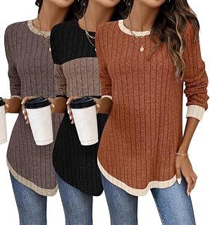 Bliwov 3 Pack Womens Curved Hem Long Sleeve Shirts Fall Sweaters Tunic Tops