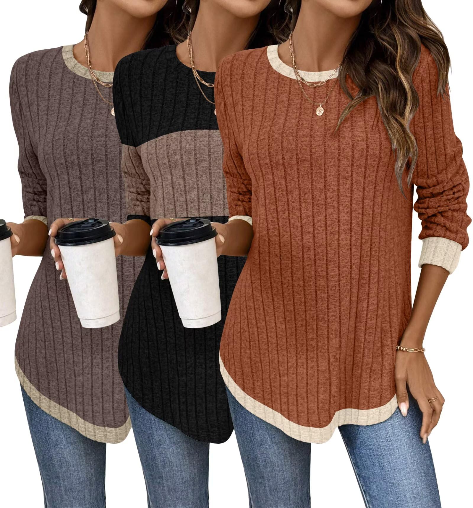Bliwov 3 Pack Womens Curved Hem Long Sleeve Shirts Fall Sweaters Tunic Tops