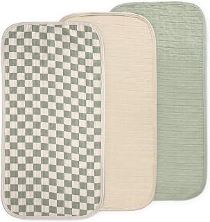 mushie Water Repellent Changing Pad Liners | Cotton (Olive Check Combo) | 3 Pack, Water repellent, Machine washable, Fits in diaper bag
