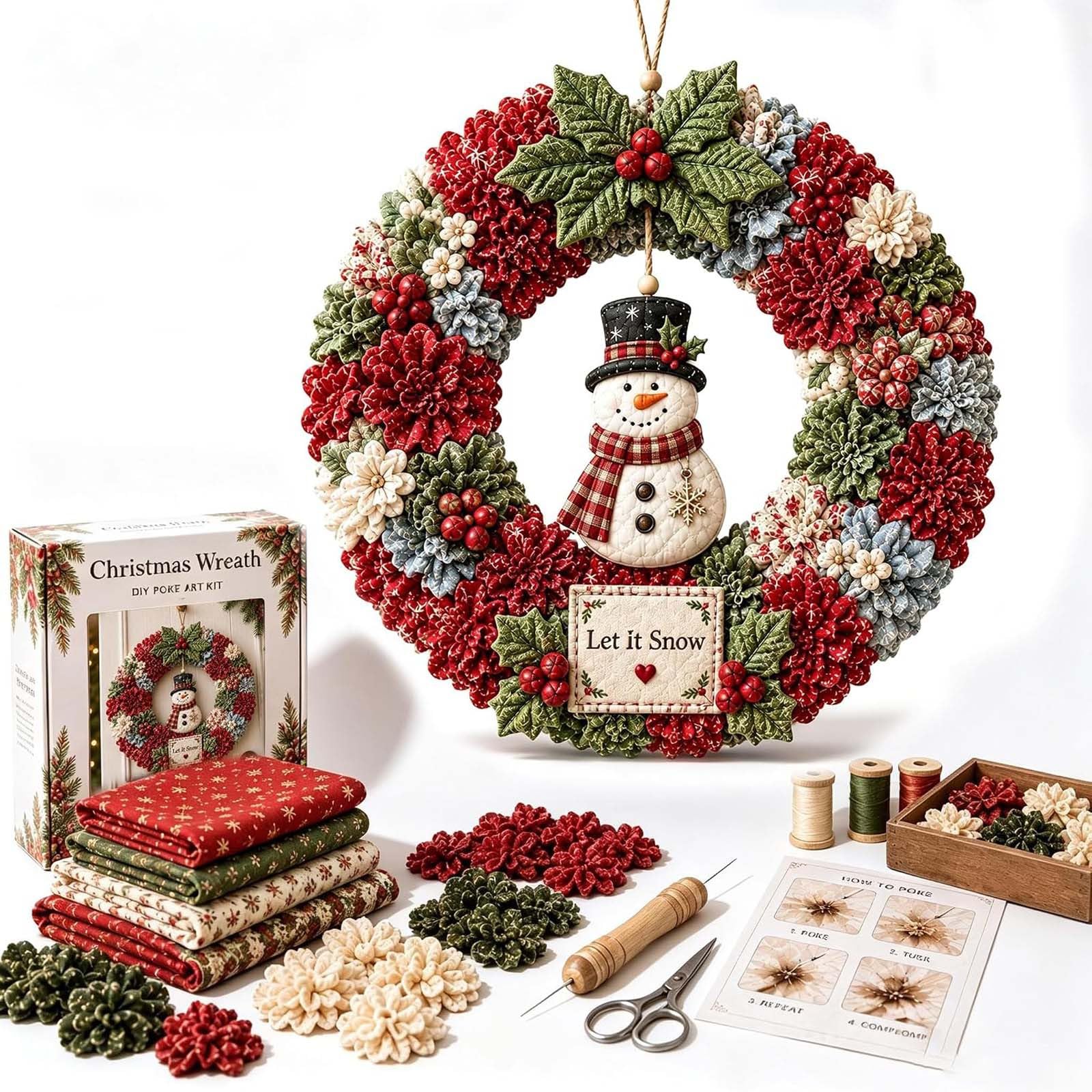 DIY Christmas Wreath Kit, Poke Art Craft Kit for Adults, No Sew Fabric Wreath Ma