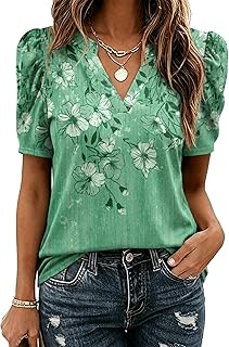 Zeagoo レディース ブラウス パフ 半袖 トップス Vネック ドレッシー カジュアル 春 シャツ ボーホー 花柄 かわいい 服 2026
