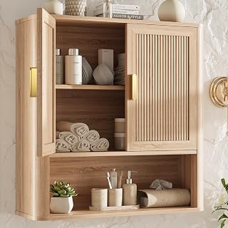 INNOD Bathroom Storage Cabinet, Medicine Cabinet with Adjustable Wood Shelf & Doors, Over The Toilet Storage Cabinet for Laundry Room & Kitchen & Living Room (Natural Oak)
