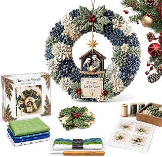 3D Fabric Poke Wreath DIY Kit for Adults, Christmas Nativity No-Sew Craft | Beginner-Friendly No-Sew 3D Fabric Poke Art Kit, Festive Nativity Wreath for Door Wall Window Home Christmas Decor