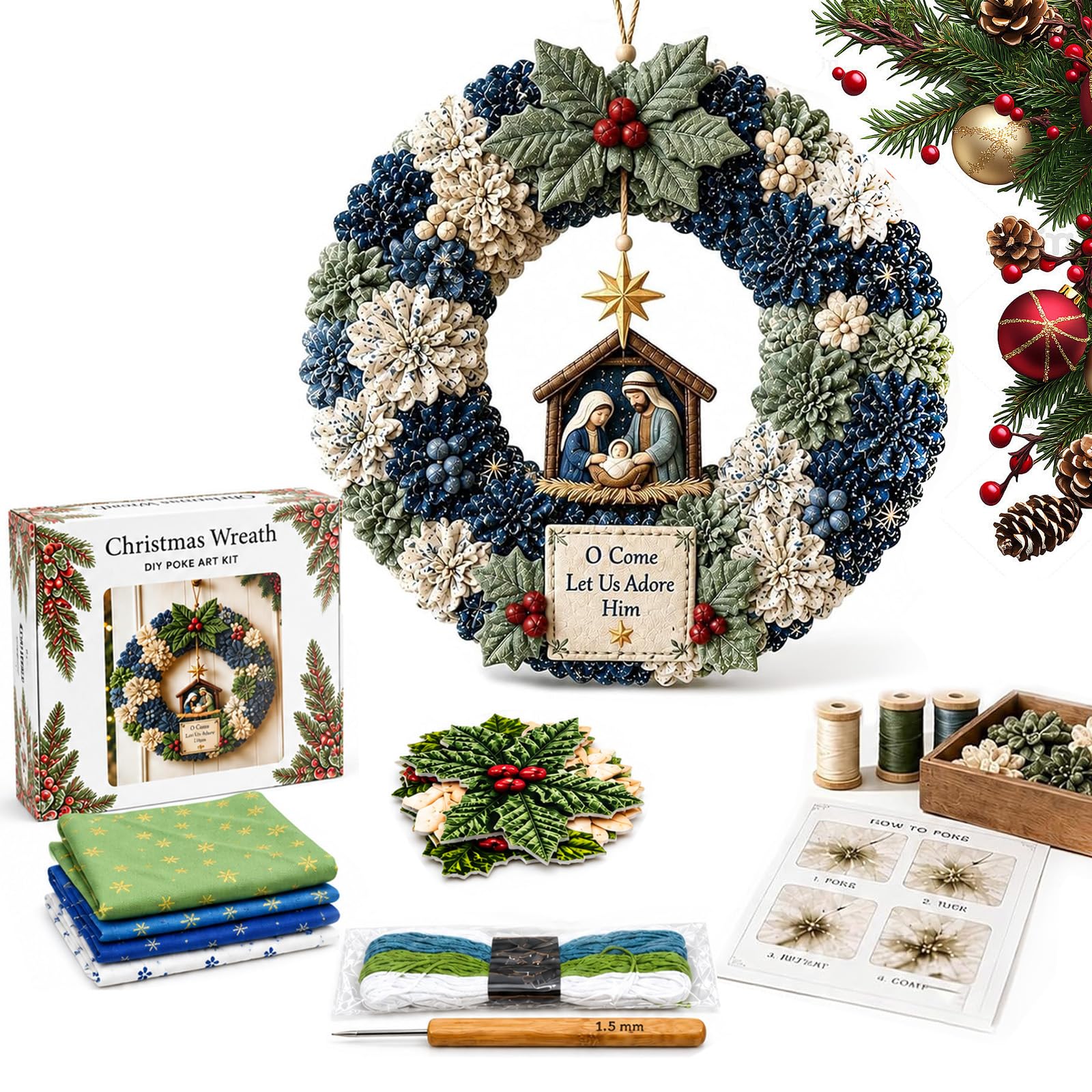3D Fabric Poke Wreath DIY Kit for Adults, Christmas Nativity No-Sew Craft | Begi