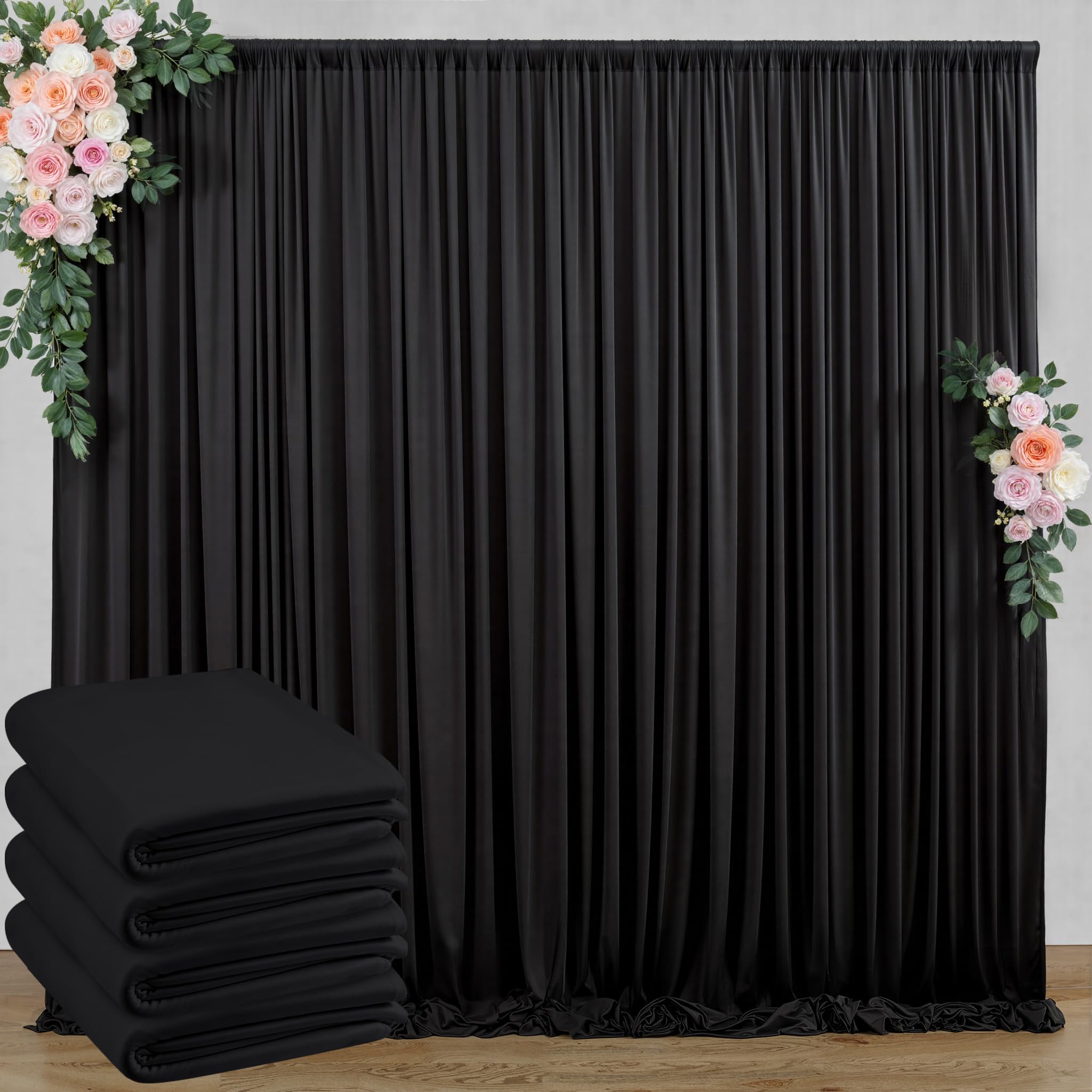 20 ft x 10 ft Wrinkle Free Black Backdrop Curtain for Parties, 4 Panels 10ft Pol