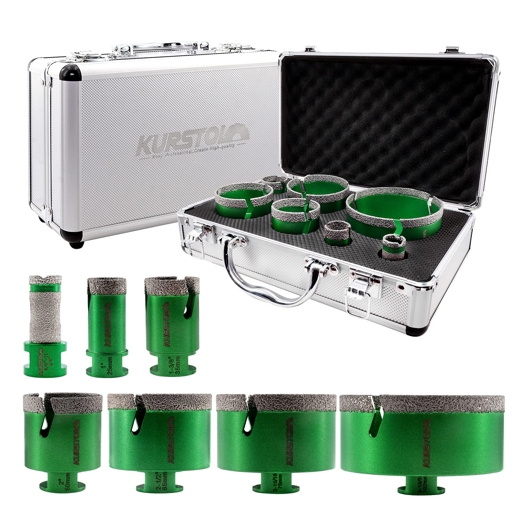 Tile Hole Saw Kit - 6pcs Diamond Core Drill Bits 25/35/50/65/75/102mm+1pc 3/4" V