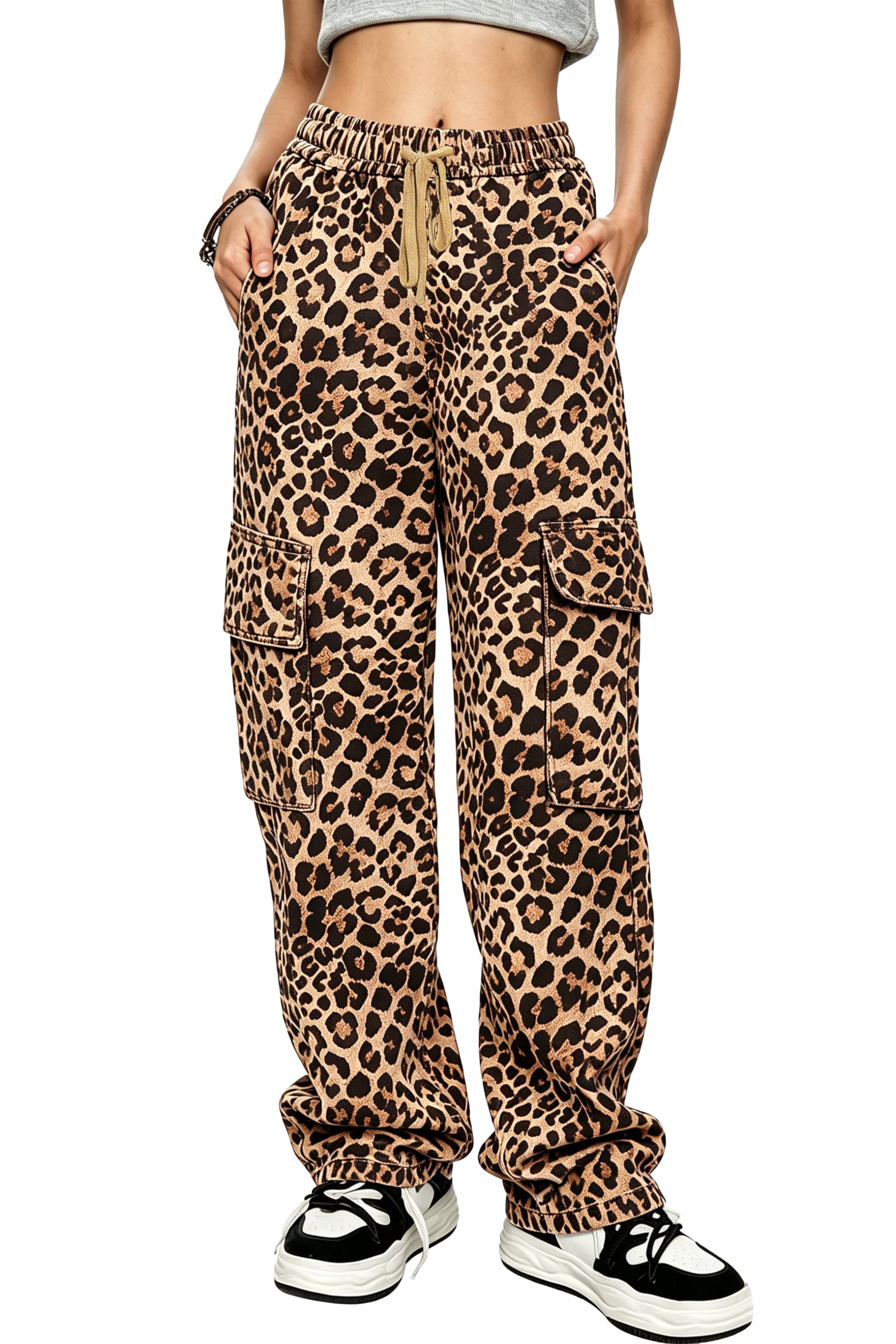 HVEPUO Camo Pants Women's High Waist Wide Leg Casual Camo Cargo Pants