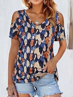Women's Summer V Neck Short Sleeve Hollow Print T Shirt