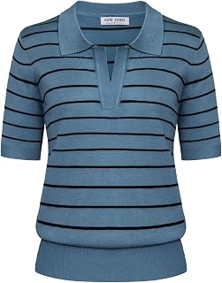 Kate Kasin Womens Short Sleeve V Neck Polo Shirt Casual Ribbed Knit Top