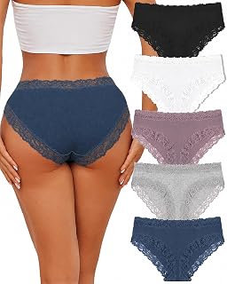 FINETOO 5er Women's Cotton Briefs with Lace Underwear Soft Low Waist Sexy Panties