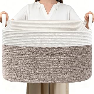 HZFTJOY 65L Laundry Basket with Handles, Woven Blanket Basket, White/Brown | 21"×16"×12" Collapsible Cotton Rope Storage Basket for Toys Clothes & Pillows, Nursery, Bathroom, Bedroom, Living Room