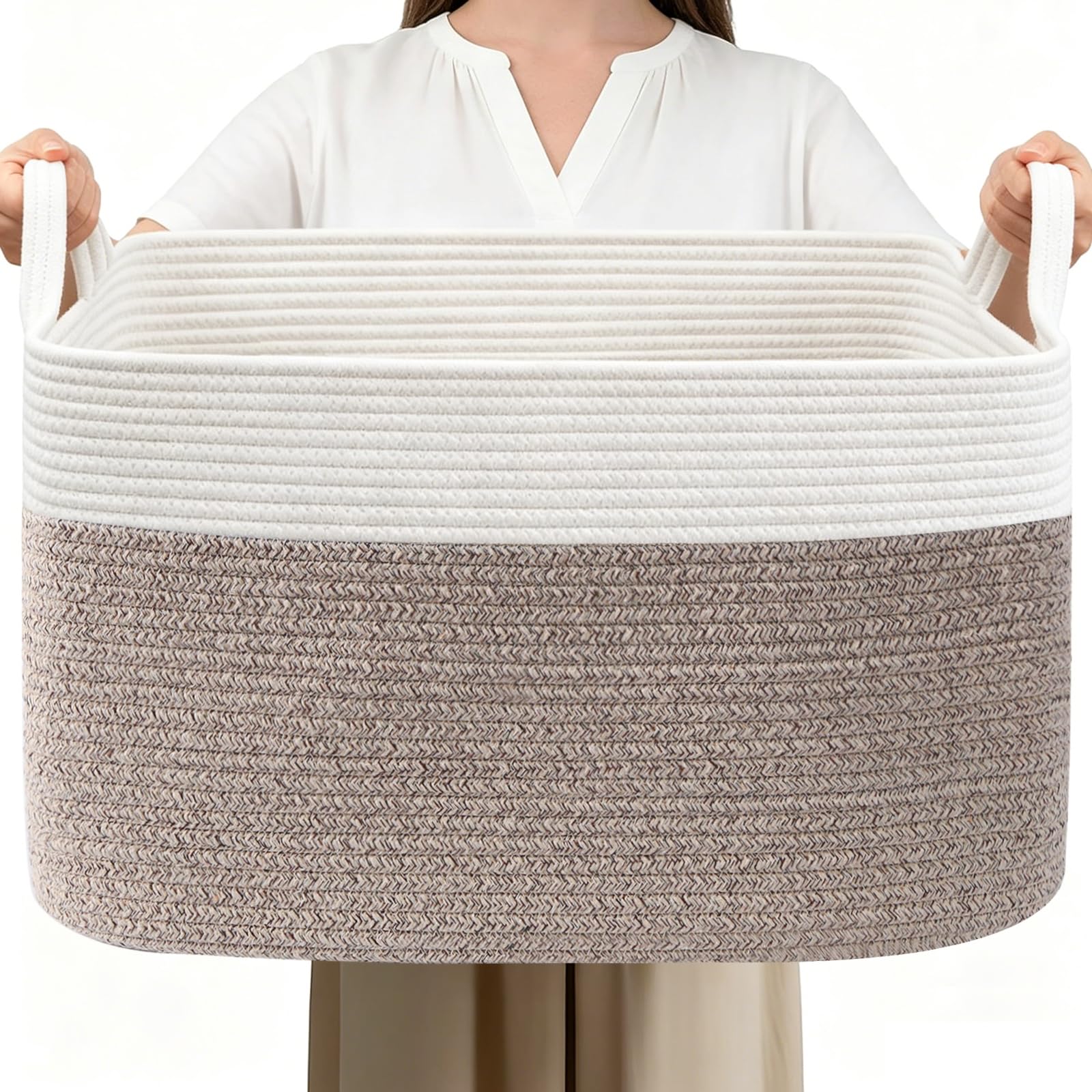 HZFTJOY 65L Laundry Basket with Handles, Woven Blanket Basket, White/Brown | 21"