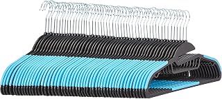 Amazon Basics 50 x Blue Heavy Duty Plastic Coat Hangers with Non-Slip Rubber Coating and Horizontal Bar