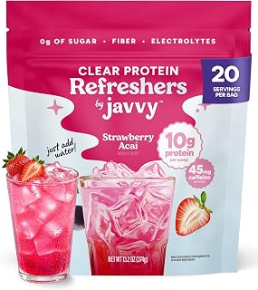 Javvy Clear Protein Powder with Clear Whey Protein, Strawberry Berry Acai | 10g Whey Protein & Collagen Peptides, Electrolyte Powder, Natural Flavors, 0g Sugar, 3g Fiber, 45mg Caffeine