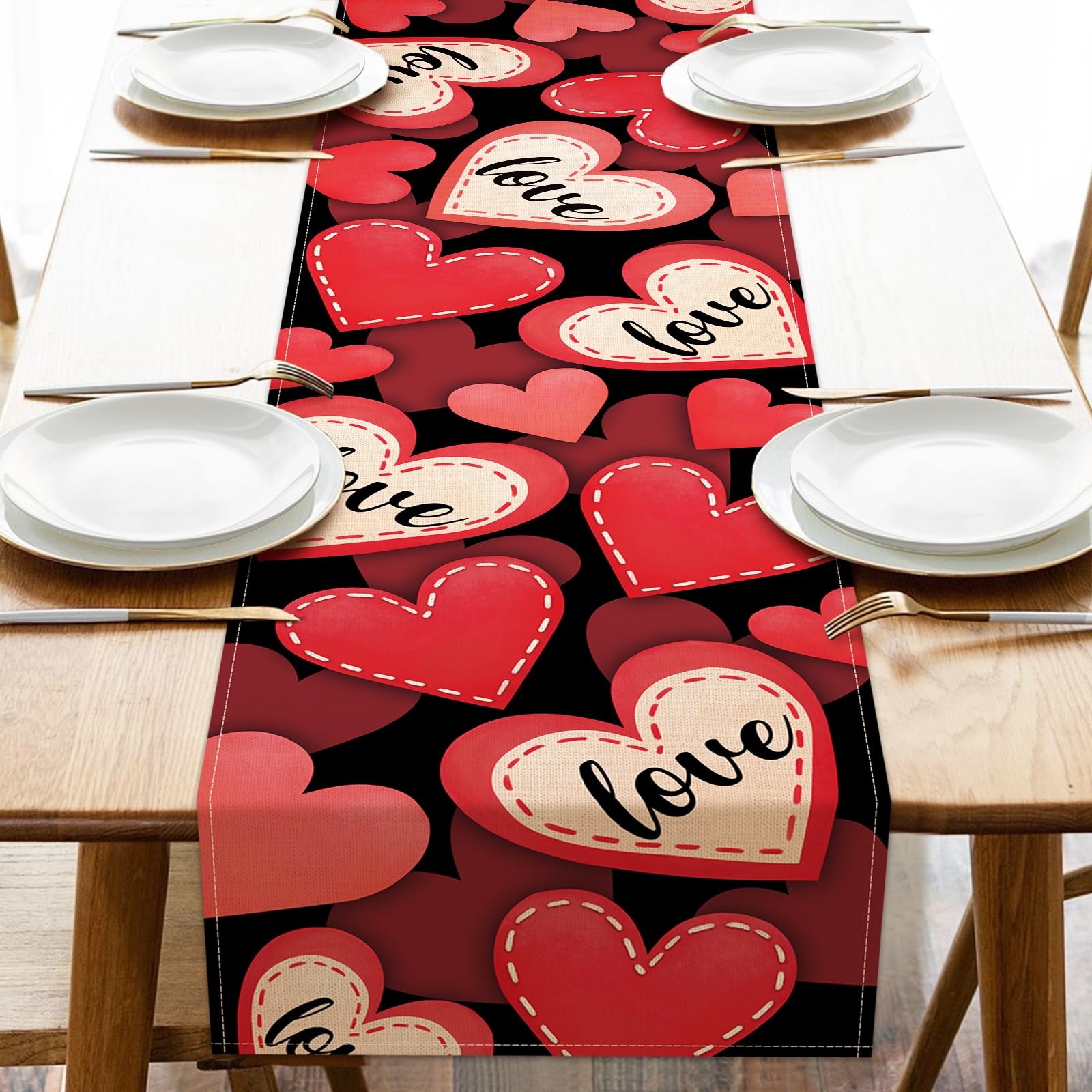 Red Hearts Table Runner Valentine's Day Table Decoration for Dining Table Annive