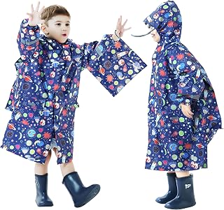 Raincoat Children's Boys Rain Poncho Waterproof Breathable Hood Rain Jacket Lightweight One Piece Rain Cape Outdoor Overall Rain Clothing with Backpack Cover Unisex 3-12 Years