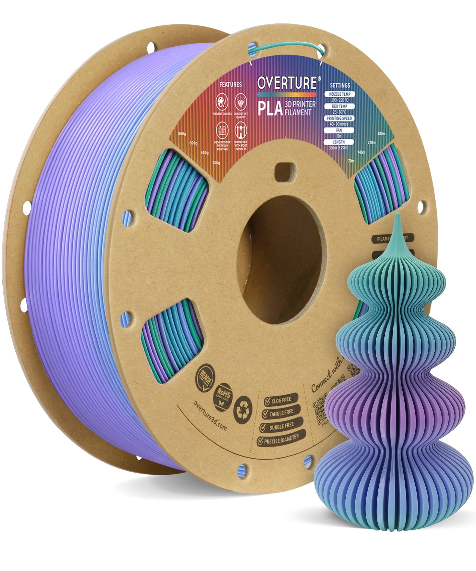 OVERTURE 3D Printer Filament PLA 1.75mm 1kg, Northern Lights | High Speed Printi