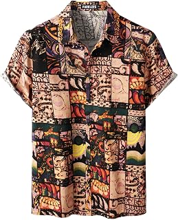 PARKLEES Men's Cotton Linen Shirt Funky Floral Pattern Hawaiian Shirt Casual Short Sleeve Button Down Beach Shirt