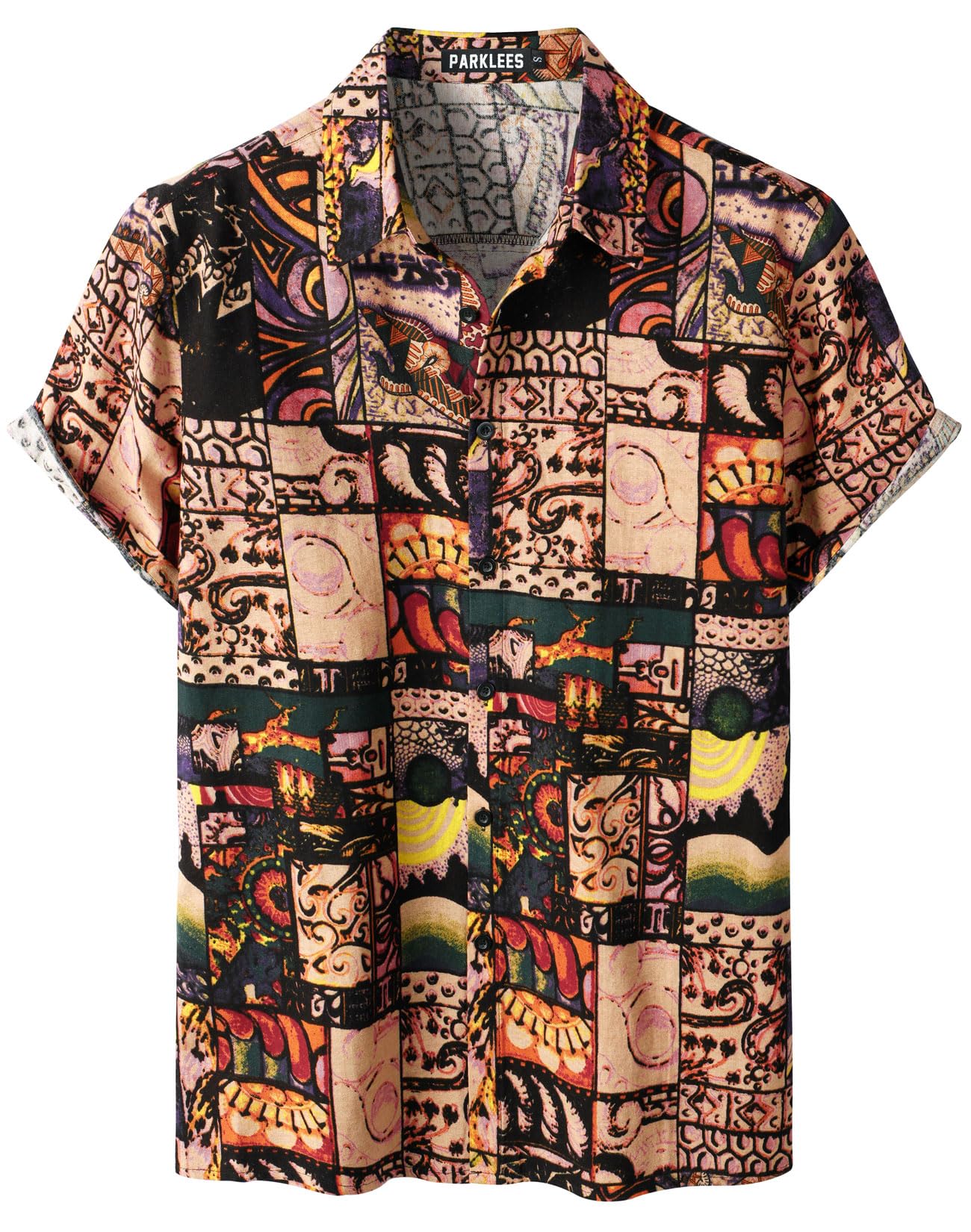 PARKLEES Men's Cotton Linen Shirt Funky Floral Pattern Hawaiian Shirt Casual Sho