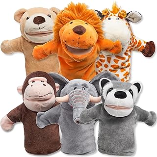 JOYIN 6Pcs Kids Hand Puppet Set with Working Mouth, Plush Toy Includes Elephant, Giraffe, Lion, Bear, Raccoon and Monkey for Show Theater, Stuffed Animals, Kids Toys for Girls & Boys
