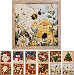 7.8" No‑Sew Kinusaiga Fabric Art Kit Bee Hive Floral Pattern Complete Tools | With Frame Beginner‑Friendly Patchwork Making Set Relaxing Handmade Art for Adults Farmhouse Wall Table Decor Handmade Gift