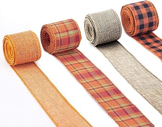 2" x 6.6 Yards 4 Rolls Buffalo Check Burlap Ribbon, Woven Ribbon with Wire Edges for Christmas Gift Wrapping, DIY Crafts, Floral Ribbons, Thanksgiving Fall Decoration