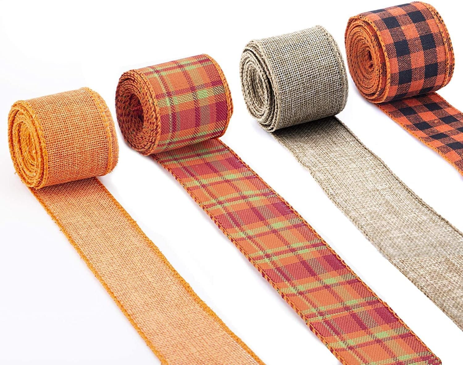 2" x 6.6 Yards 4 Rolls Buffalo Check Burlap Ribbon, Woven Ribbon with Wire Edges