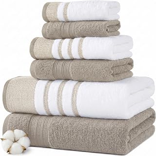 Modern Threads 6 Piece Bath Towel Set – Bathroom Towel Set with 2 Bath Towels, 2 Hand Towels & 2 Washcloths – 100% Cotton, Soft & Absorbent – Classic Border Stripe (Brown)