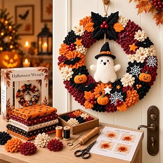 Christmas Wreath 3D Fabric Poke Art Kits for Adults (Ghost) | Pre-Punched Crafts for Holiday Door Decor, No-Sew DIY Making Set