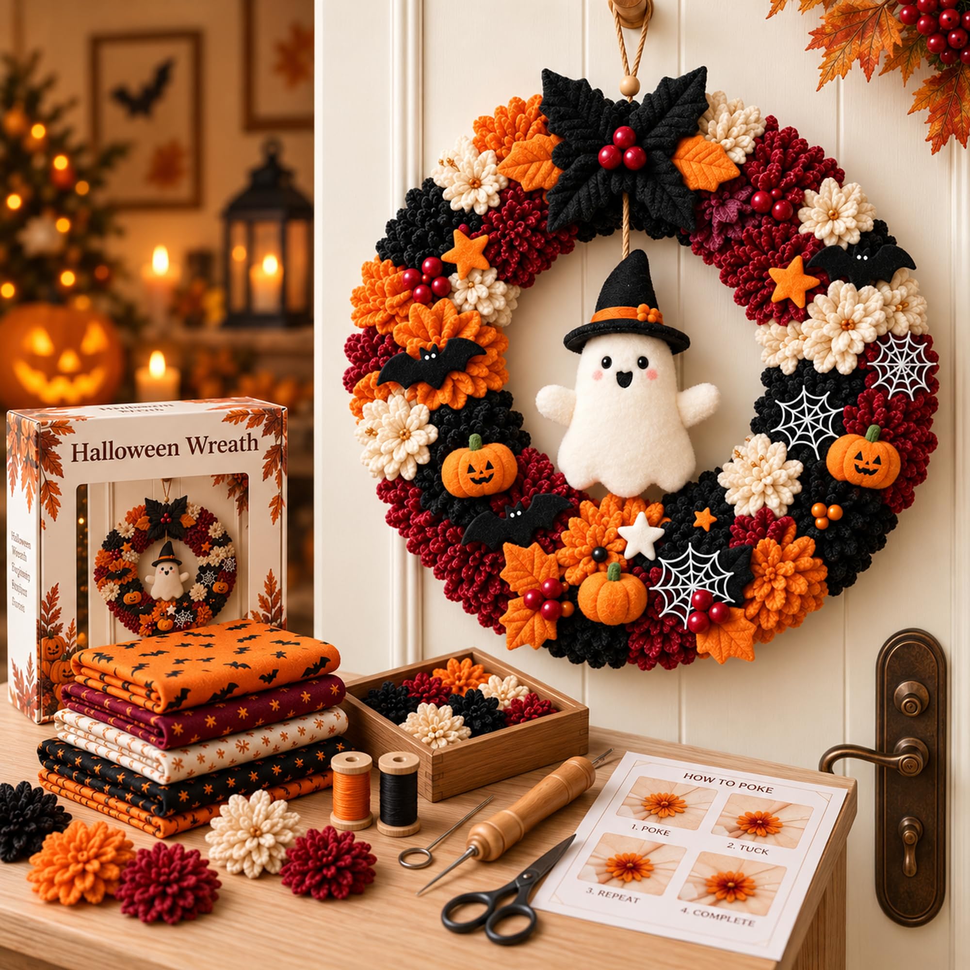 Christmas Wreath 3D Fabric Poke Art Kits for Adults (Ghost) | Pre-Punched Crafts