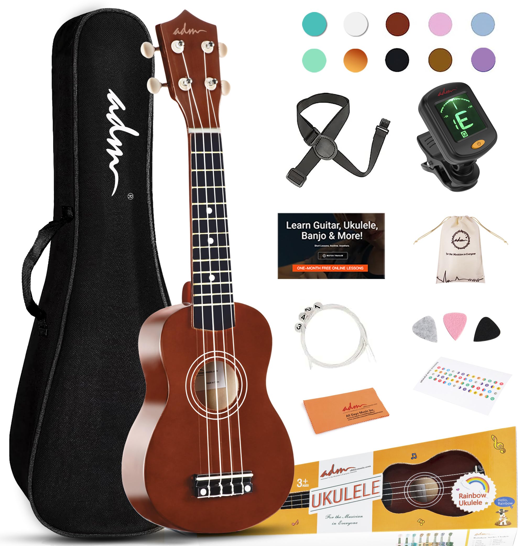 ADM Soprano Ukulele for Beginners 21 Inch Hawaiian Wood Ukelele Kit for Kids Adu