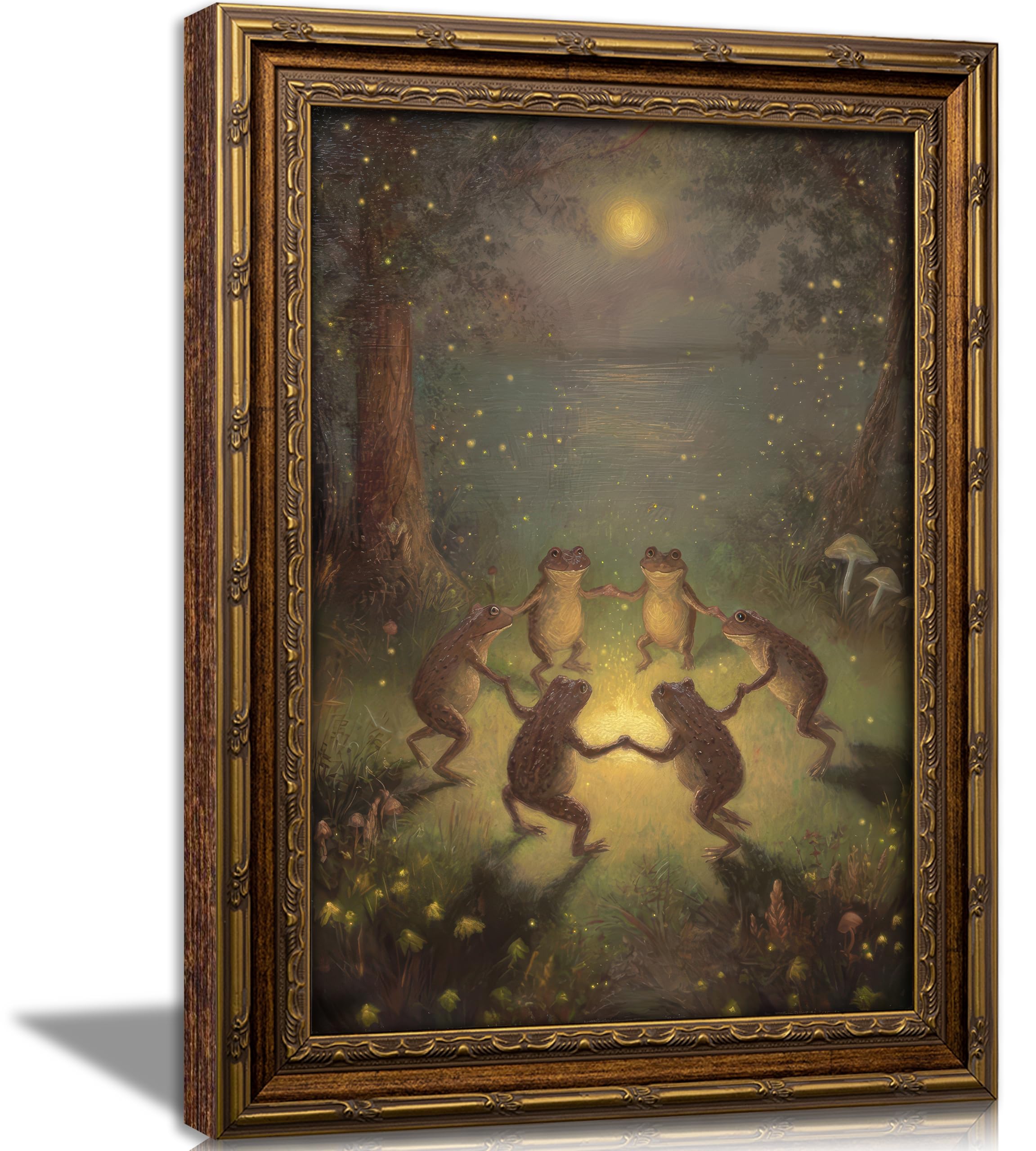 Vintage Gold Framed Frog Wall Art,Frogs Dancing in Moonlight Forest Painting Can