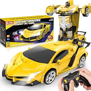 Britik Transform Remote Control Car Toys for Boys 4-6, Drift RC Car Yellow | Transform Cars, Gift for Boy Ages 4-12 Years Old, One-Button Transforming, 360° Rotation, 2.4GHZ 1:18 Scale, Robot Toy Car