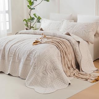 Lady Ann Cal King Bedspreads 118x106, Leaves Botanical Pattern Printed Wheat Oversized King Quilt Sets, 1 Pc Soft Lightweight Scalloped Edge Coverlet with 2 Pcs Pillow Shams, All-Season Bedding