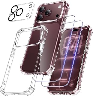 FLLAO 4 in 1 Case for iPhone 18 Pro 6.3 inch, Transparent | 2 tempered glass and 1 camera protector, built-in air cushion, shockproof anti-scratch bumper protection