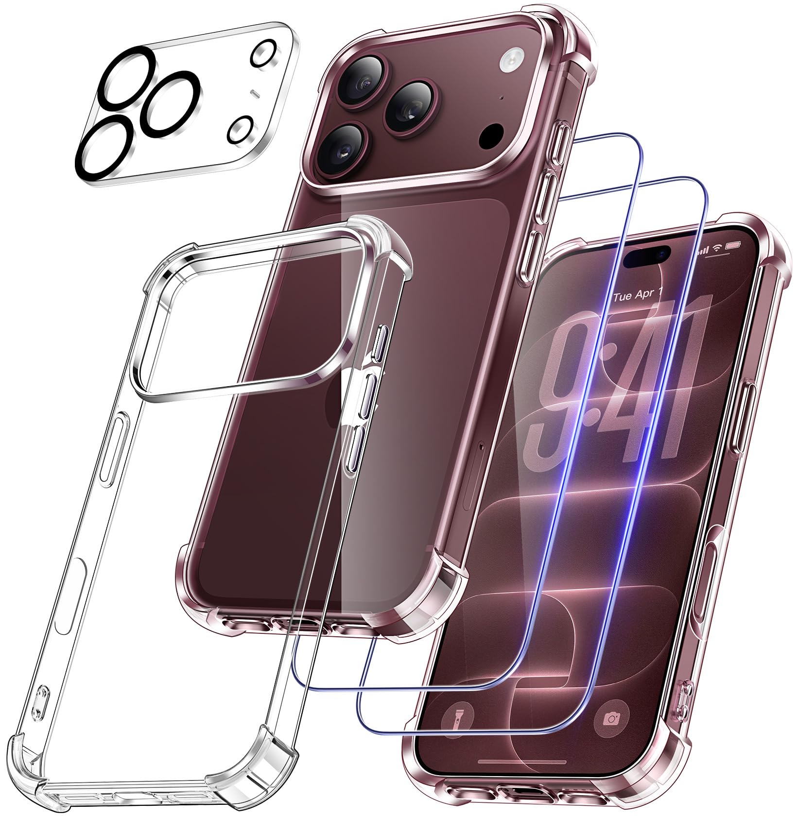 FLLAO 4 in 1 Case for iPhone 18 Pro 6.3 inch, Transparent | 2 tempered glass and