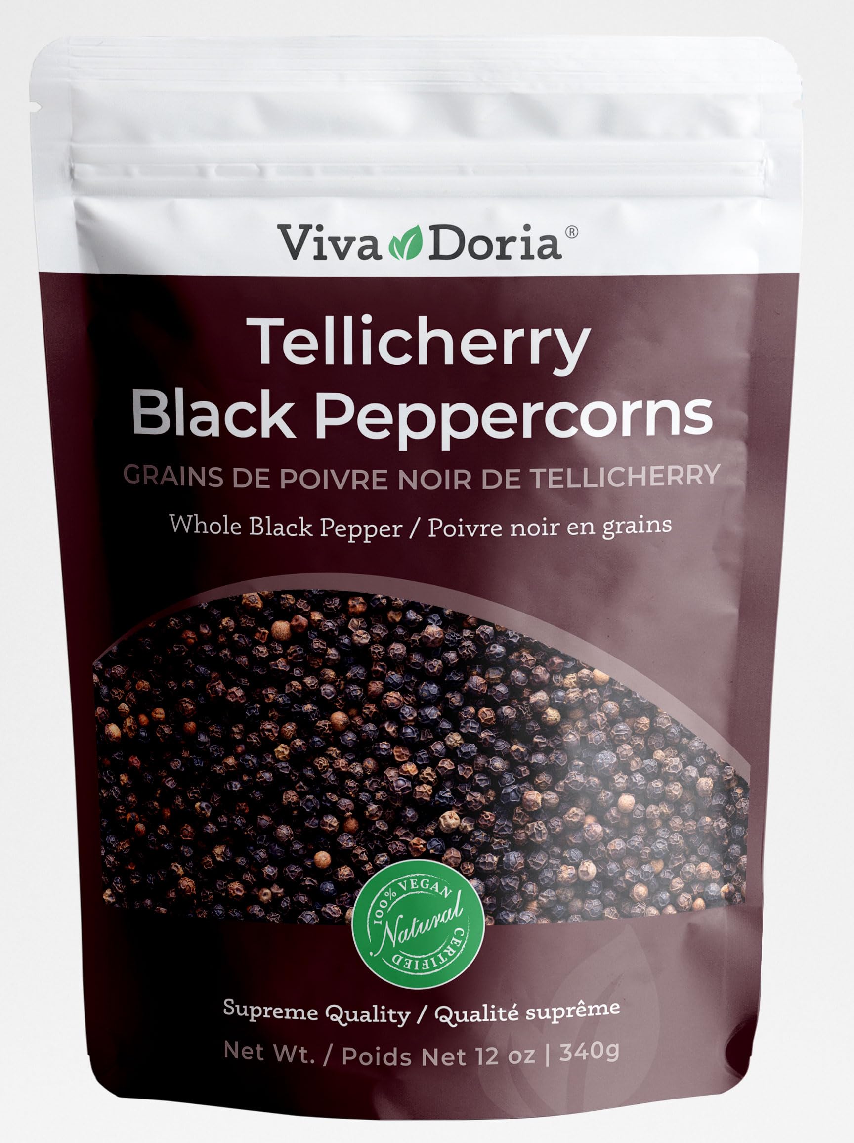 Viva Doria Tellicherry Peppercorn, Whole Black Pepper, Steam Sterilized Black Pe