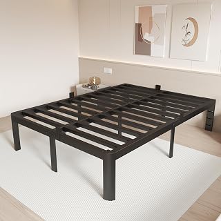 16 Inch Bed Frame Queen Size with Metal Gaskets, Heavy Duty Queen Platform Bed Frame No Box Spring Needed, DIY Headboard, Anti-Slip Mattress Stopper, Round Corner Leg, Easy Assembly, Black
