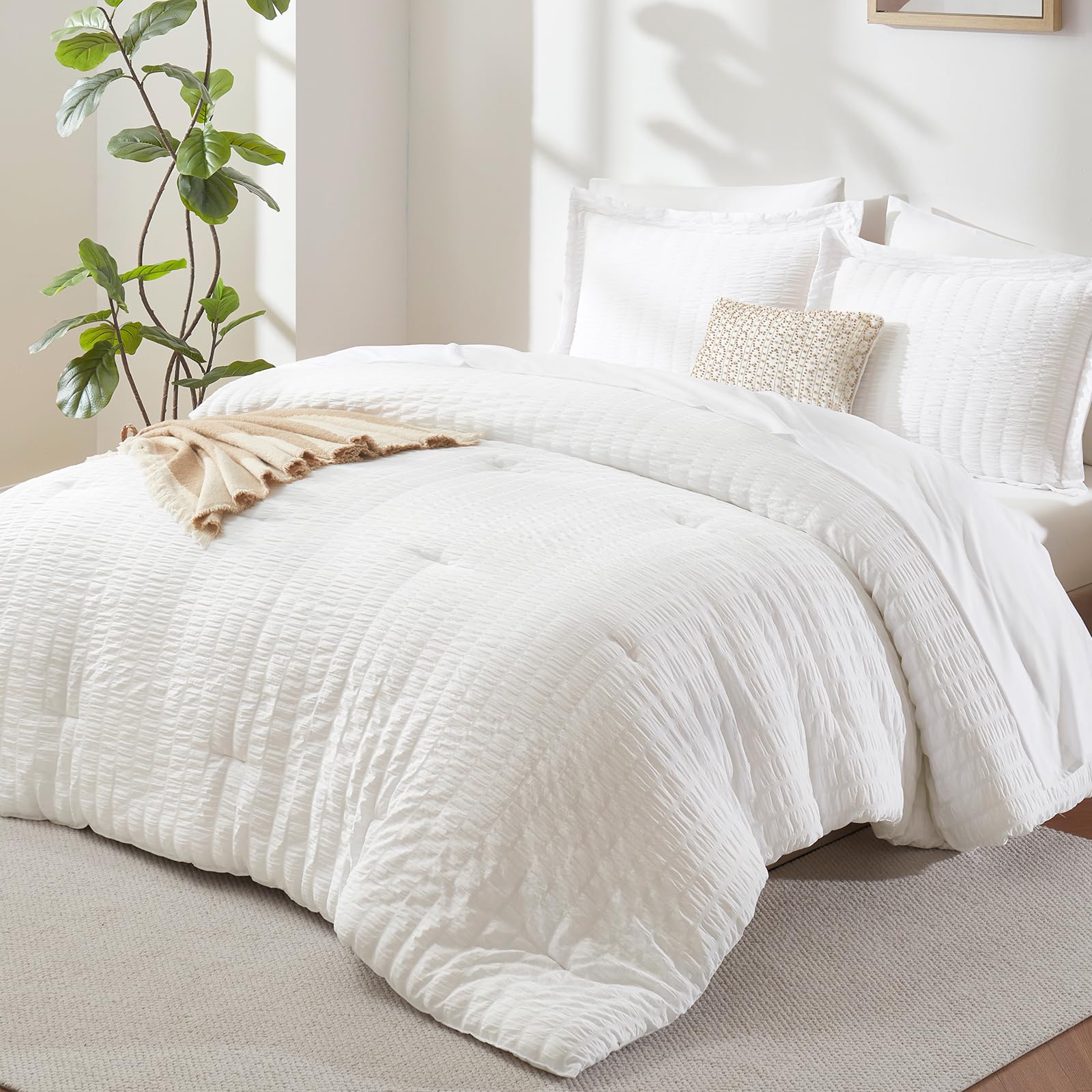 CozyLux Queen Comforter Set, 7 Pieces White Seersucker Bed in a Bag | OEKO-TEX C