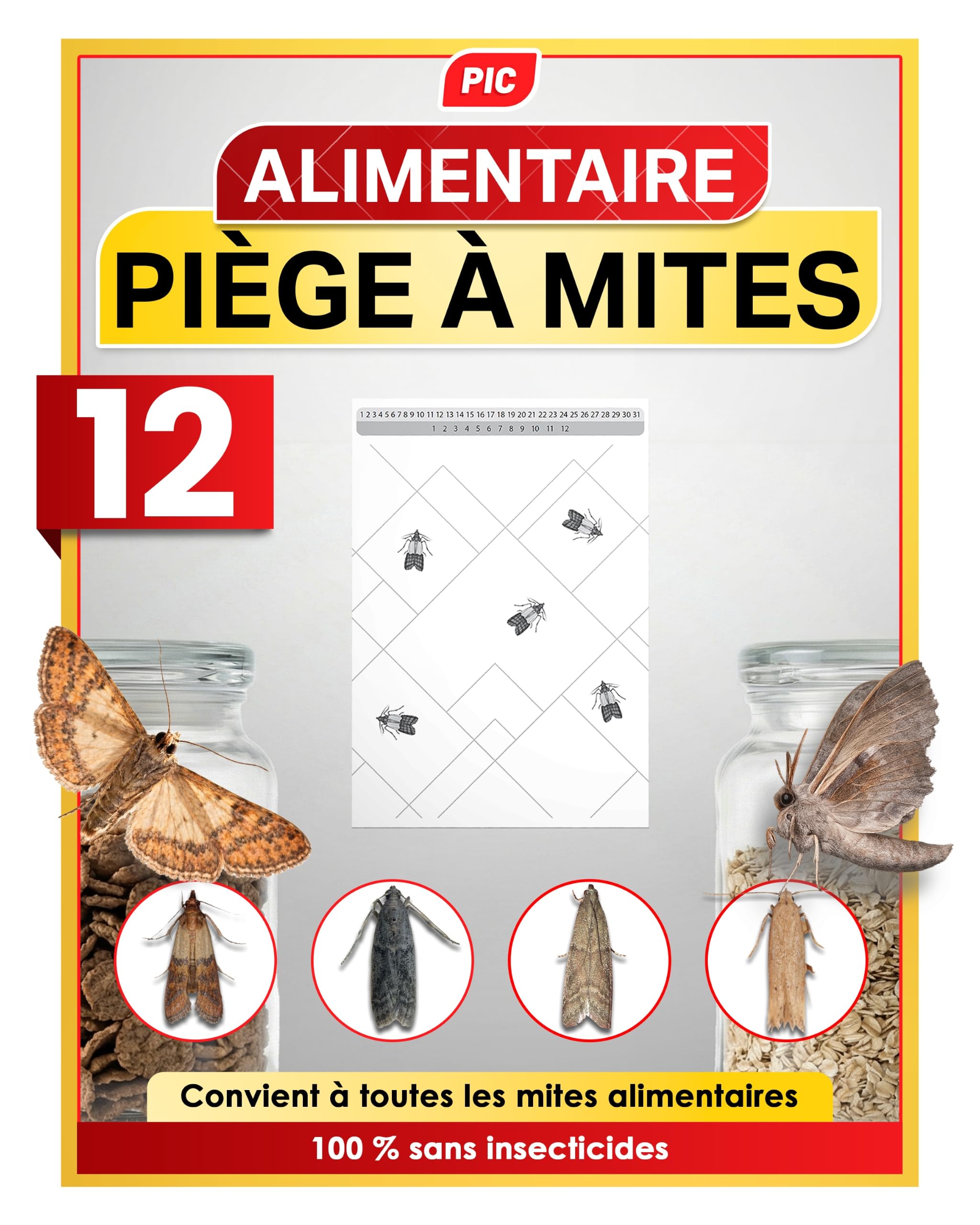 PIC Anti Food Moths - 12x Pheromone Trap for Kitchen and Cupboard | Insecticide 