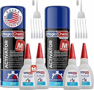 Magic Chems CA Glue with Activator, Cyanoacrylate Adhesive, Acrylic, 2 Pack | for 3D Printing; Strong Bond; 4 x 0.8 oz Glue + 2 x 6.7 fl oz Activator; Super Glue, Accelerator Set, Kit